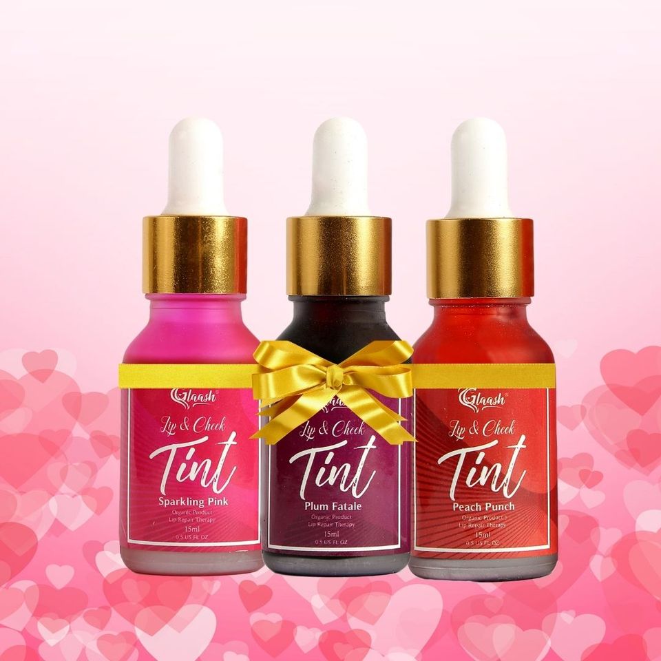 Glaash Lip &amp; Cheek Tint Water Based 15ml Pack of 03 - Plum Fatale | Sparkling Pink | Peach Punch