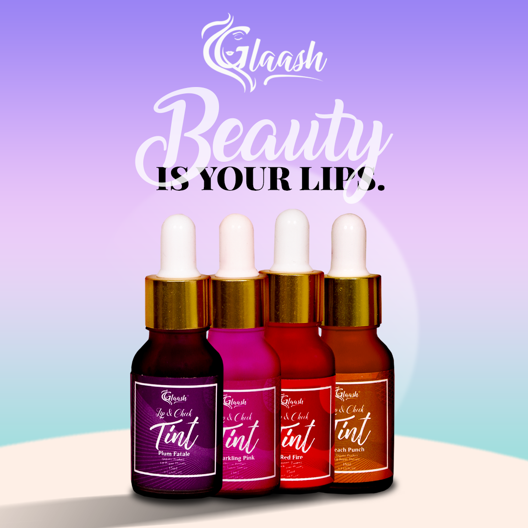 Glaash Lip &amp; Cheek Tint Water Based 15ml Pack of 04 - Red Fire | Plum Fatale | Sparkling Pink | Peach Punch