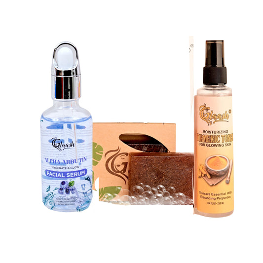 Glaash Pack of 03 Serum + Soap + Toner | Alpha Arbutin Facial Serum + Anti Acne Organic Soap + Turmeric Toner