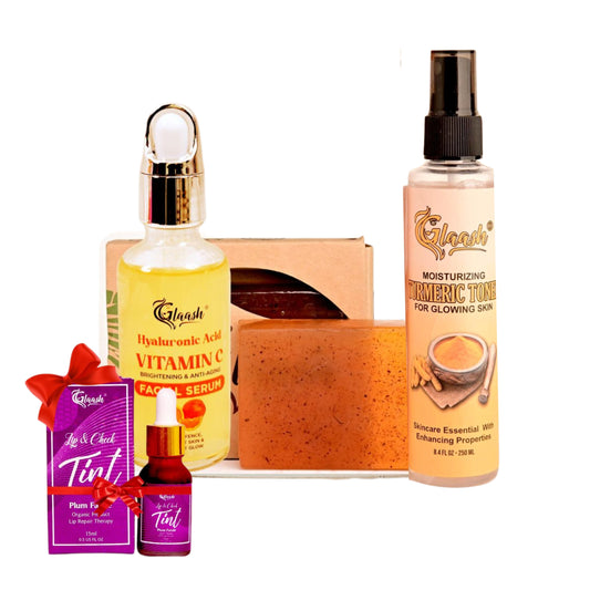 Glaash Pack of 03 Serum + Soap + Toner (with Free Gift Plum Fatale Tint) | Vitamin C Facial Serum + Turmeric Organic Soap + Turmeric Toner + Gift Plum Fatale Tint