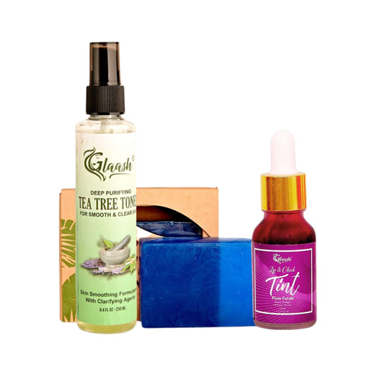 Glaash Pack of 03 Tint + Soap + Toner | Plum Fatale Tint + Menthol Organic Soap + Tea Tree Toner