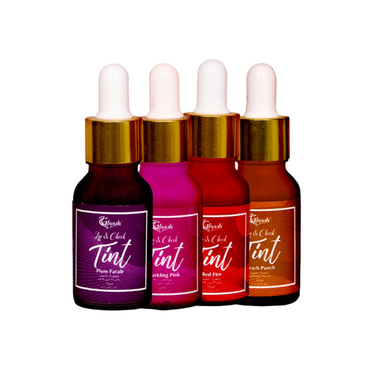 Glaash Lip & Cheek Tint Water Based 15ml Pack of 04 - Red Fire | Plum Fatale | Sparkling Pink | Peach Punch