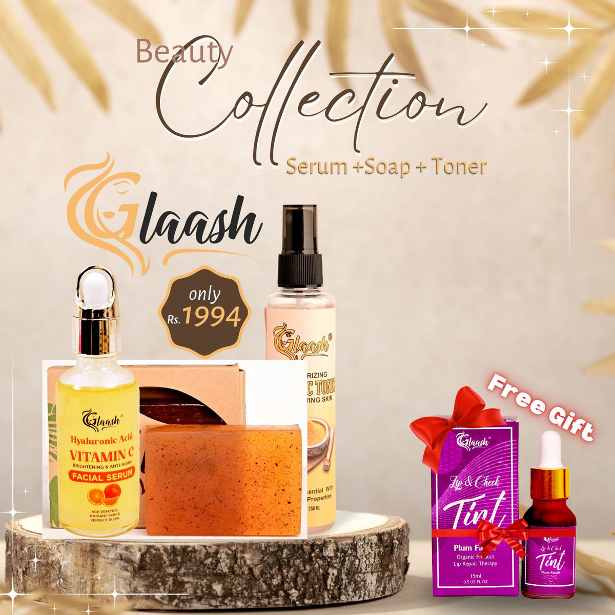 Glaash Pack of 03 Serum + Soap + Toner (with Free Gift Plum Fatale Tint) | Vitamin C Facial Serum + Turmeric Organic Soap + Turmeric Toner + Gift Plum Fatale Tint